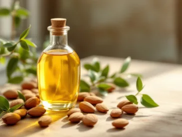 Huile d'amande douce en bouteille avec des amandes de Provence sur une table