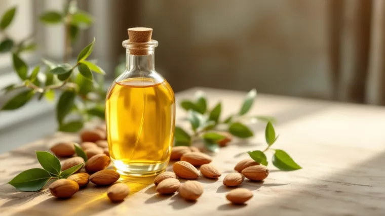 Huile d'amande douce en bouteille avec des amandes de Provence sur une table