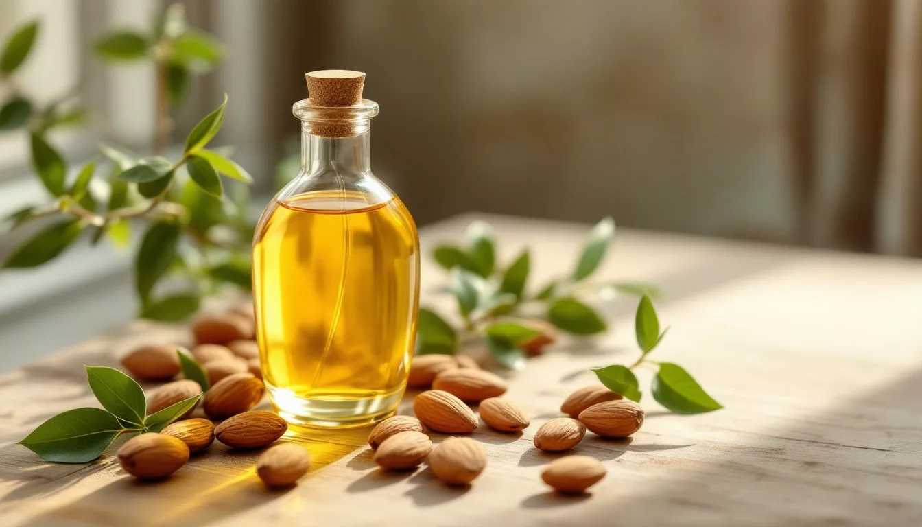 Huile d'amande douce en bouteille avec des amandes de Provence sur une table